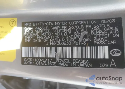 2003 Lexus Es 300 из США, поврежденный, VIN JTHBF30G630148193